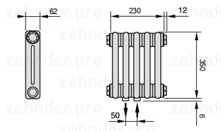 Схема (чертеж) Радиатор Zehnder Charleston 2035/5 №5410 Белый глянцевый RAL 9016
